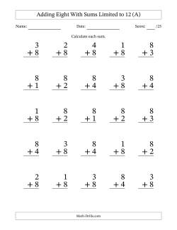 Adding Eight to Single-Digit Numbers With Sums Limited to 12 – 25 Large Print Questions