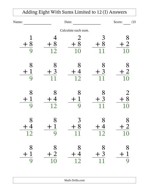 The Adding Eight to Single-Digit Numbers With Sums Limited to 12 – 25 Large Print Questions (I) Math Worksheet Page 2
