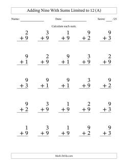 25 Vertical Adding 9's Questions with Sums up to 12 (A) Addition Worksheet