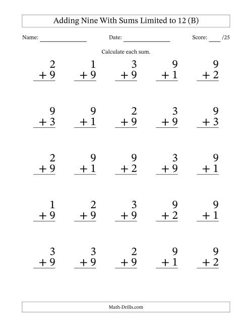 25 Vertical Adding 9's Questions with Sums up to 12 (B)