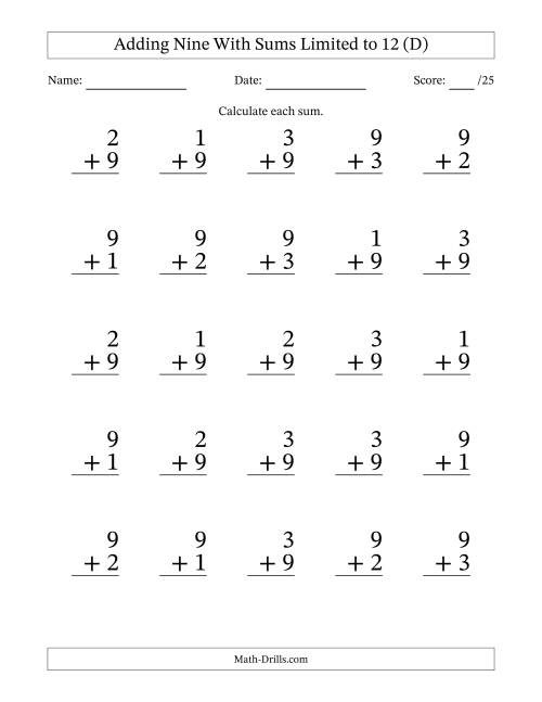 25 Vertical Adding 9's Questions with Sums up to 12 (D)