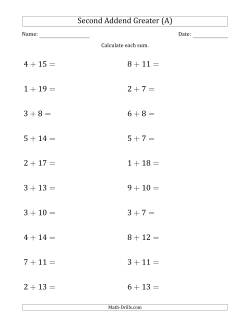 Horizontal Addition With Sums to 20 and a Greater Second Addend