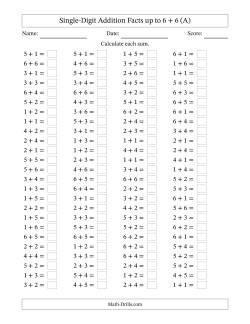 Horizontally Arranged Single-Digit Addition Facts up to 6 + 6 (100 Questions)