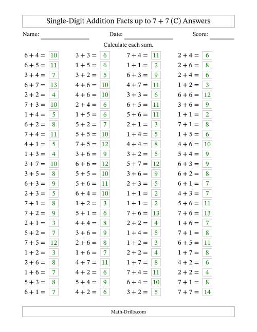The Horizontally Arranged Single-Digit Addition Facts up to 7 + 7 (100 Questions) (C) Math Worksheet Page 2