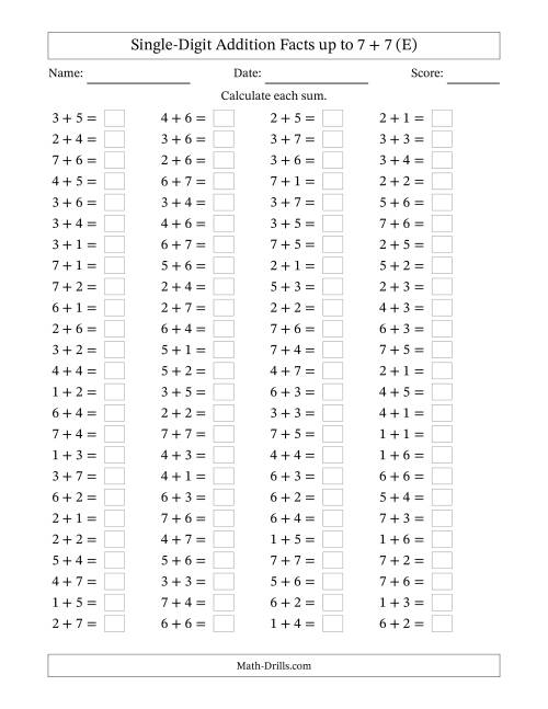 The Horizontally Arranged Single-Digit Addition Facts up to 7 + 7 (100 Questions) (E) Math Worksheet