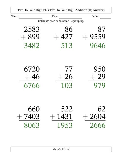 The Two- to Four-Digit Plus Two- to Four-Digit Addition With Some Regrouping – 9 Questions – Large Print (B) Math Worksheet Page 2