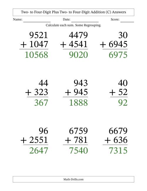 The Two- to Four-Digit Plus Two- to Four-Digit Addition With Some Regrouping – 9 Questions – Large Print (C) Math Worksheet Page 2