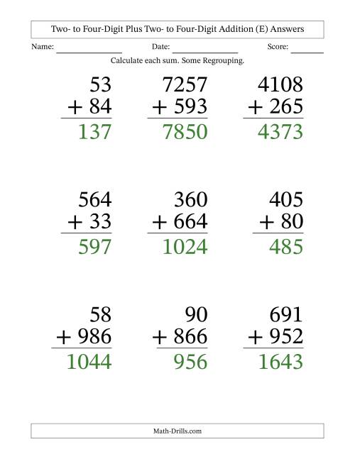 The Two- to Four-Digit Plus Two- to Four-Digit Addition With Some Regrouping – 9 Questions – Large Print (E) Math Worksheet Page 2