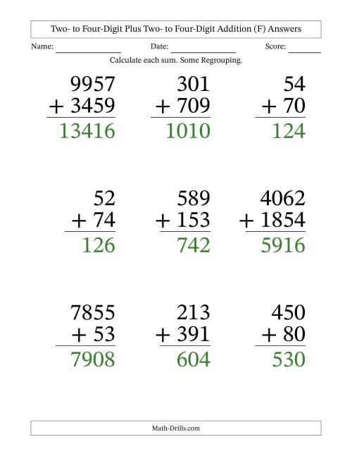 The Two- to Four-Digit Plus Two- to Four-Digit Addition With Some Regrouping – 9 Questions – Large Print (F) Math Worksheet Page 2
