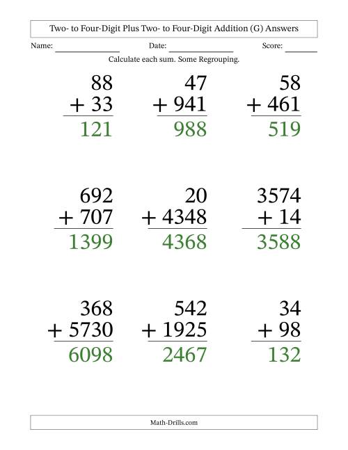 The Two- to Four-Digit Plus Two- to Four-Digit Addition With Some Regrouping – 9 Questions – Large Print (G) Math Worksheet Page 2
