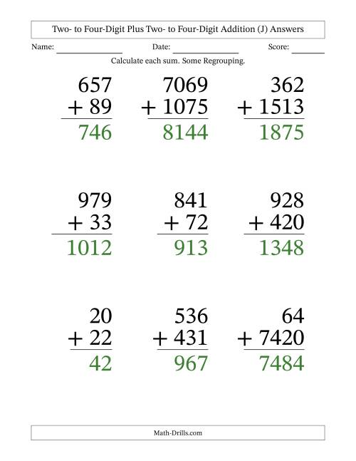 The Two- to Four-Digit Plus Two- to Four-Digit Addition With Some Regrouping – 9 Questions – Large Print (J) Math Worksheet Page 2