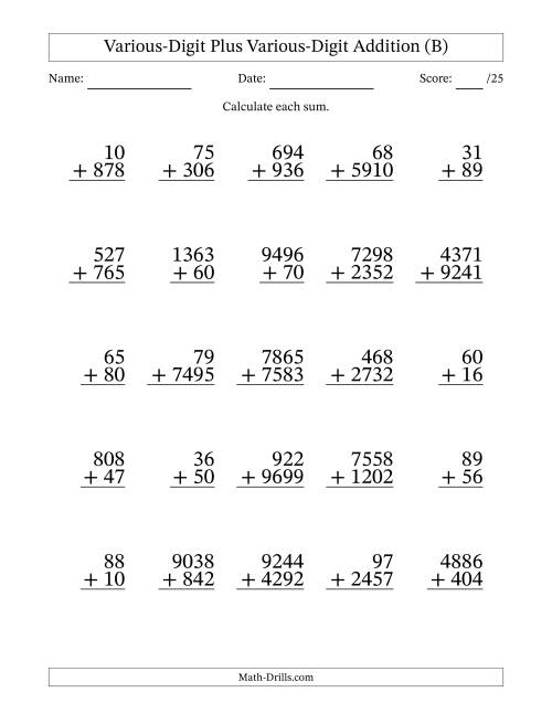 The 2- to 4-Digit Plus 2- to 4-Digit Addition With Some Regrouping (25 Questions) (B) Math Worksheet