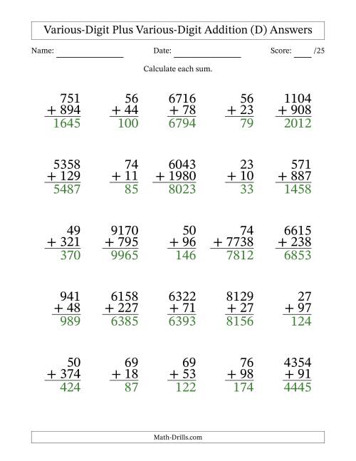The 2- to 4-Digit Plus 2- to 4-Digit Addition With Some Regrouping (25 Questions) (D) Math Worksheet Page 2