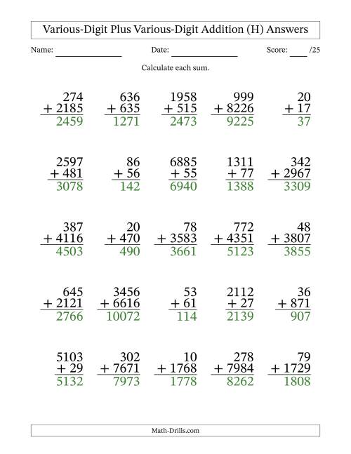 various multi digit addition from 2 to 4 digits with some