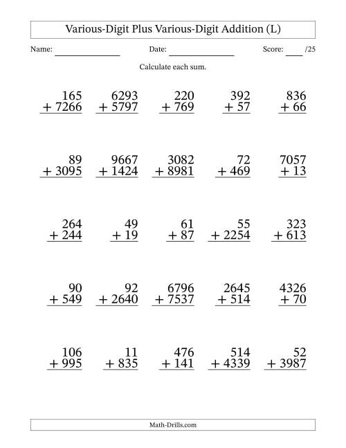The 2- to 4-Digit Plus 2- to 4-Digit Addition With Some Regrouping (25 Questions) (L) Math Worksheet