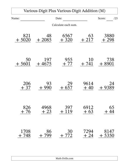 The 2- to 4-Digit Plus 2- to 4-Digit Addition With Some Regrouping (25 Questions) (M) Math Worksheet