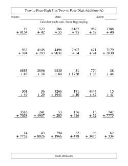 Two- to Four-Digit Plus Two- to Four-Digit Addition With Some Regrouping – 36 Questions