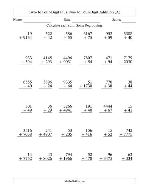 Various-Digit Addition from Two- to Four-Digits (A)