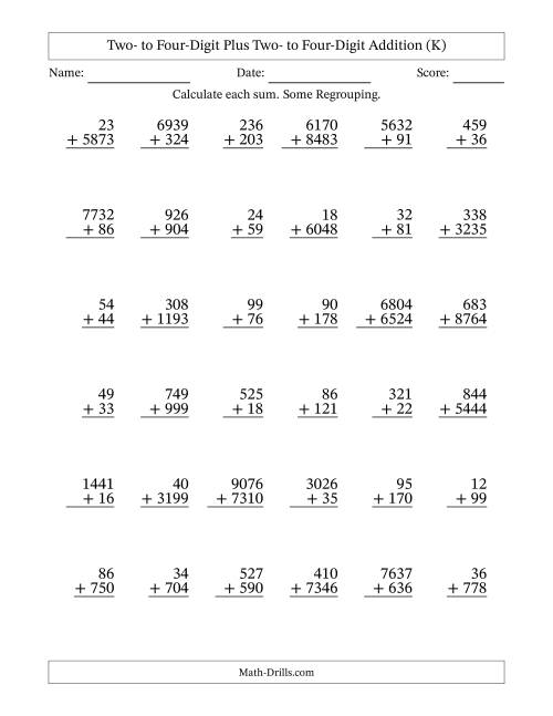 The Two- to Four-Digit Plus Two- to Four-Digit Addition With Some Regrouping – 36 Questions (K) Math Worksheet