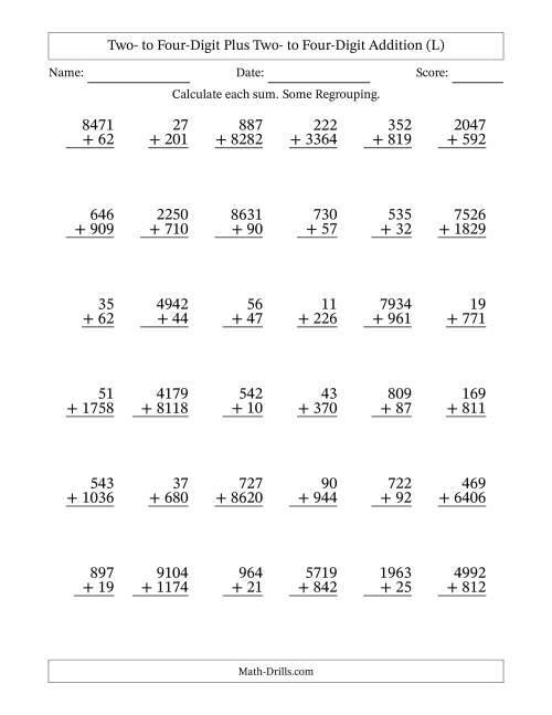 The Two- to Four-Digit Plus Two- to Four-Digit Addition With Some Regrouping – 36 Questions (L) Math Worksheet