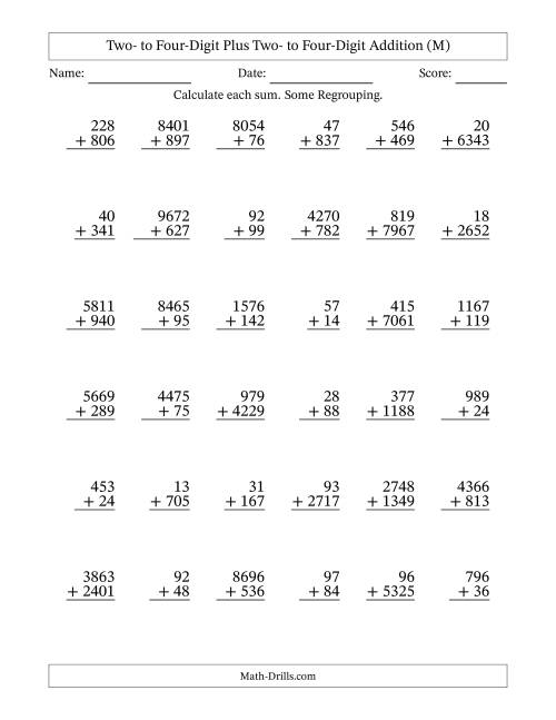 The Two- to Four-Digit Plus Two- to Four-Digit Addition With Some Regrouping – 36 Questions (M) Math Worksheet