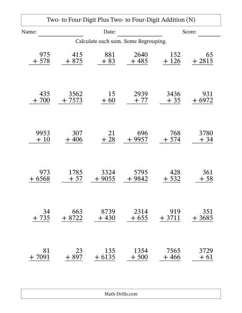 The Two- to Four-Digit Plus Two- to Four-Digit Addition With Some Regrouping – 36 Questions (N) Math Worksheet