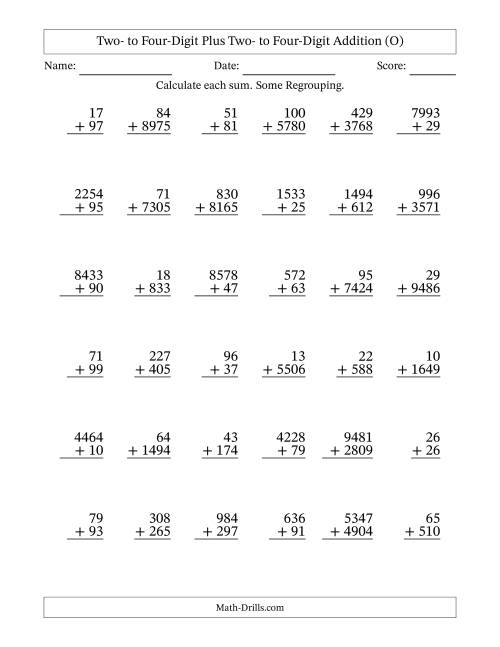 The Two- to Four-Digit Plus Two- to Four-Digit Addition With Some Regrouping – 36 Questions (O) Math Worksheet