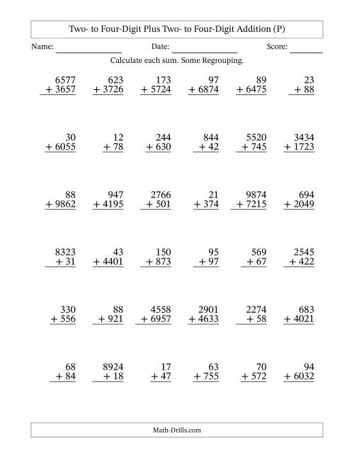 The Two- to Four-Digit Plus Two- to Four-Digit Addition With Some Regrouping – 36 Questions (P) Math Worksheet