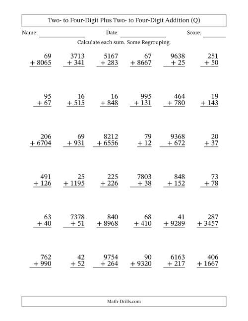The Two- to Four-Digit Plus Two- to Four-Digit Addition With Some Regrouping – 36 Questions (Q) Math Worksheet