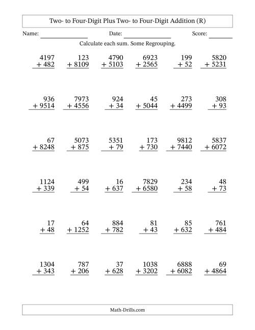 The Two- to Four-Digit Plus Two- to Four-Digit Addition With Some Regrouping – 36 Questions (R) Math Worksheet