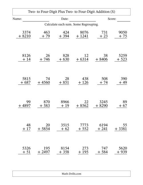 The Two- to Four-Digit Plus Two- to Four-Digit Addition With Some Regrouping – 36 Questions (S) Math Worksheet