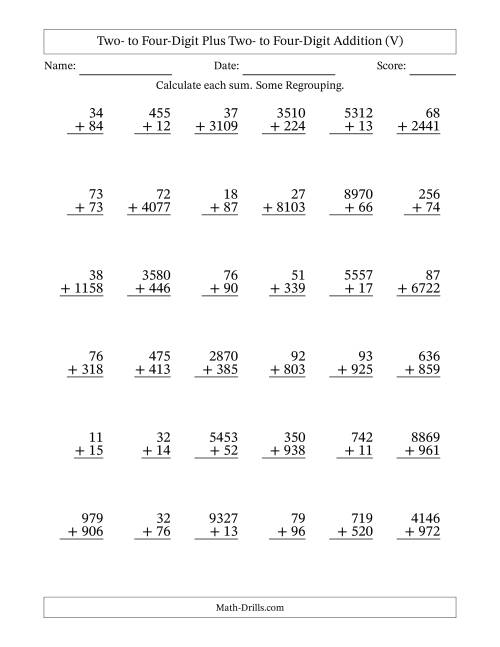 The Two- to Four-Digit Plus Two- to Four-Digit Addition With Some Regrouping – 36 Questions (V) Math Worksheet
