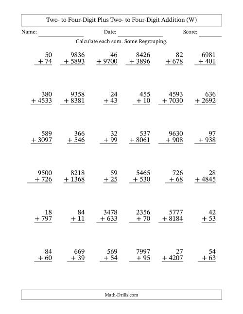 The Two- to Four-Digit Plus Two- to Four-Digit Addition With Some Regrouping – 36 Questions (W) Math Worksheet