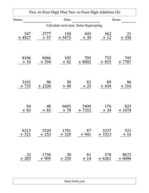 The Two- to Four-Digit Plus Two- to Four-Digit Addition With Some Regrouping – 36 Questions (X) Math Worksheet