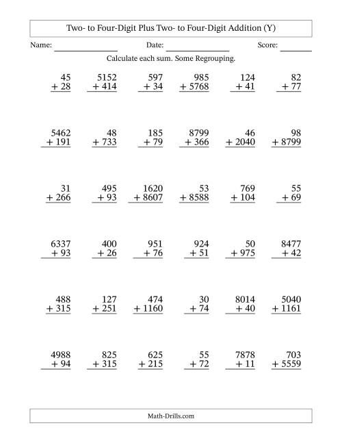 The Two- to Four-Digit Plus Two- to Four-Digit Addition With Some Regrouping – 36 Questions (Y) Math Worksheet