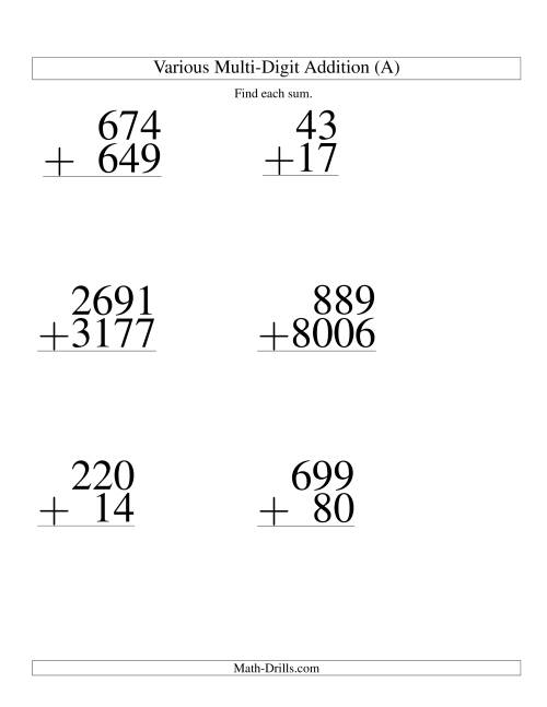 Various-Digit Addition from Two- to Four-Digits -- Large Print (Large ...