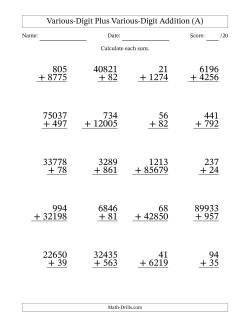 2- to 5-Digit Plus 2- to 5-Digit Addition With Some Regrouping (20 Questions)