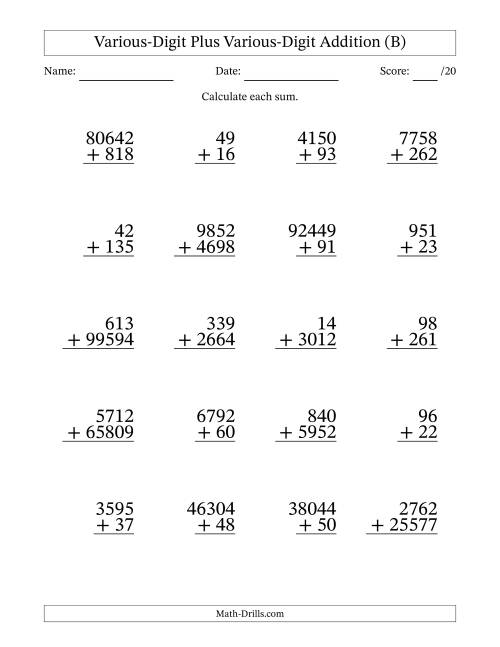 The 2- to 5-Digit Plus 2- to 5-Digit Addition With Some Regrouping (20 Questions) (B) Math Worksheet
