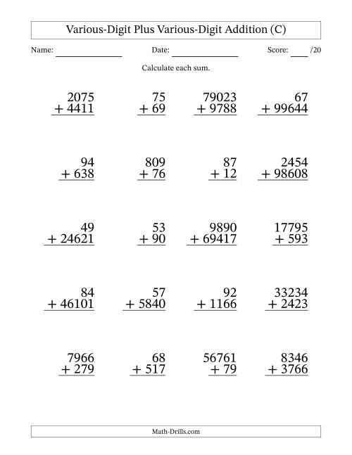 The 2- to 5-Digit Plus 2- to 5-Digit Addition With Some Regrouping (20 Questions) (C) Math Worksheet