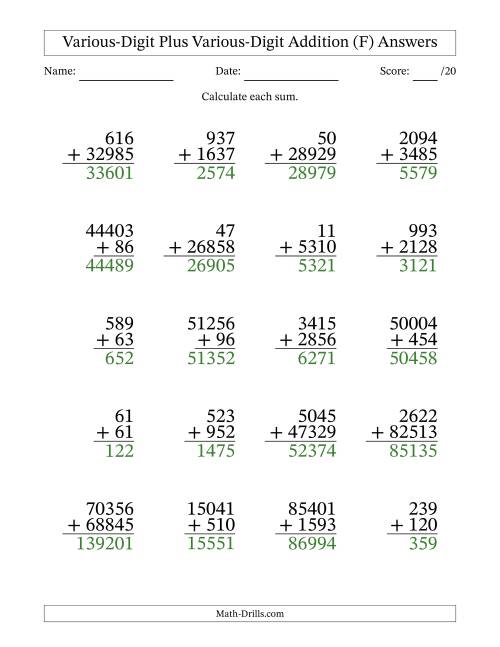 The 2- to 5-Digit Plus 2- to 5-Digit Addition With Some Regrouping (20 Questions) (F) Math Worksheet Page 2