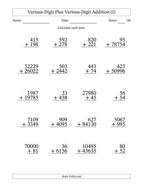The 2- to 5-Digit Plus 2- to 5-Digit Addition With Some Regrouping (20 Questions) (I) Math Worksheet