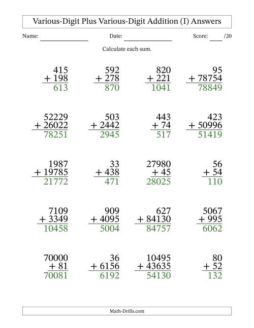 The 2- to 5-Digit Plus 2- to 5-Digit Addition With Some Regrouping (20 Questions) (I) Math Worksheet Page 2