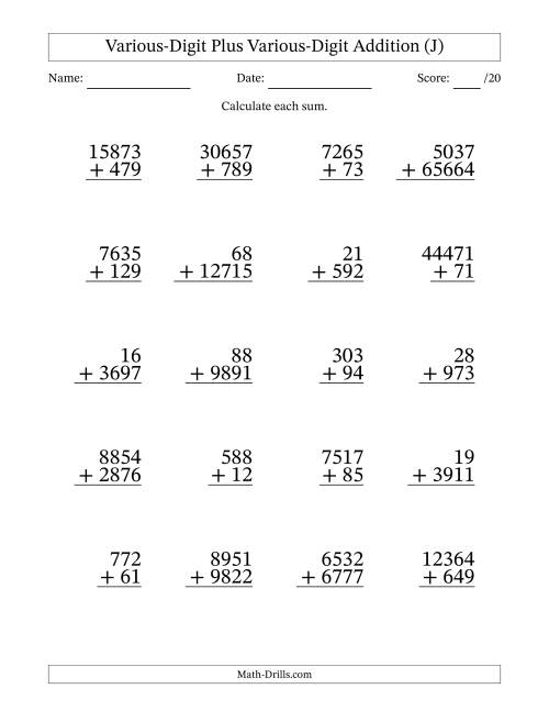 The 2- to 5-Digit Plus 2- to 5-Digit Addition With Some Regrouping (20 Questions) (J) Math Worksheet