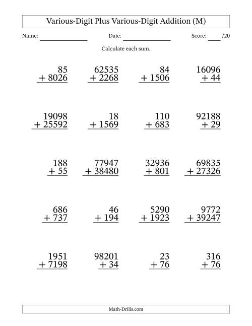 The 2- to 5-Digit Plus 2- to 5-Digit Addition With Some Regrouping (20 Questions) (M) Math Worksheet
