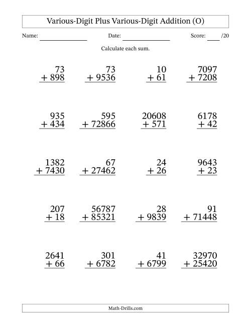 The 2- to 5-Digit Plus 2- to 5-Digit Addition With Some Regrouping (20 Questions) (O) Math Worksheet