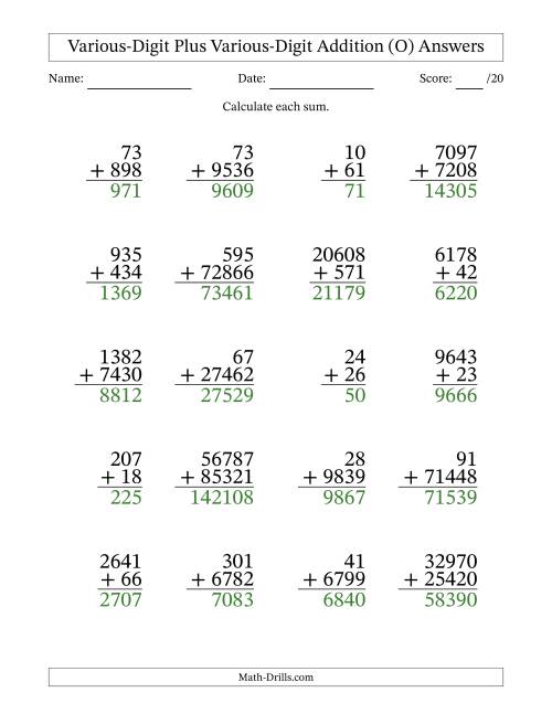 The 2- to 5-Digit Plus 2- to 5-Digit Addition With Some Regrouping (20 Questions) (O) Math Worksheet Page 2