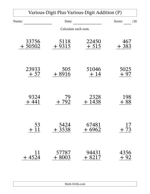 The 2- to 5-Digit Plus 2- to 5-Digit Addition With Some Regrouping (20 Questions) (P) Math Worksheet
