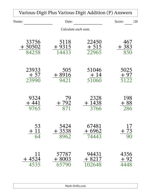 The 2- to 5-Digit Plus 2- to 5-Digit Addition With Some Regrouping (20 Questions) (P) Math Worksheet Page 2