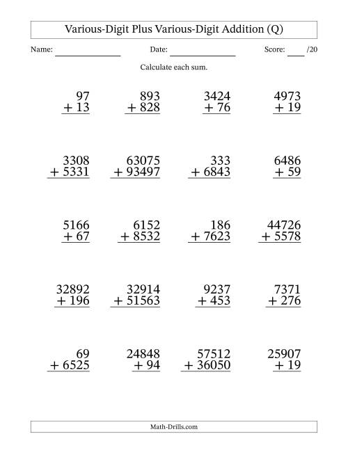 The 2- to 5-Digit Plus 2- to 5-Digit Addition With Some Regrouping (20 Questions) (Q) Math Worksheet