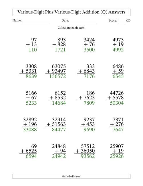 The 2- to 5-Digit Plus 2- to 5-Digit Addition With Some Regrouping (20 Questions) (Q) Math Worksheet Page 2